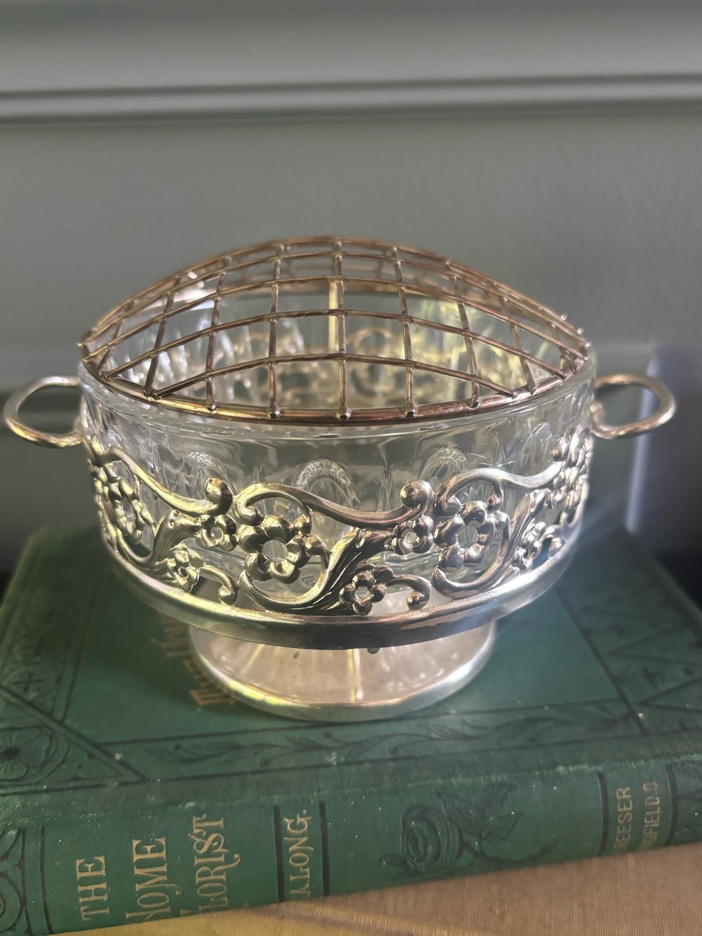 Unique Vintage Glass/Metal Flower Frog Vase, Bowl.